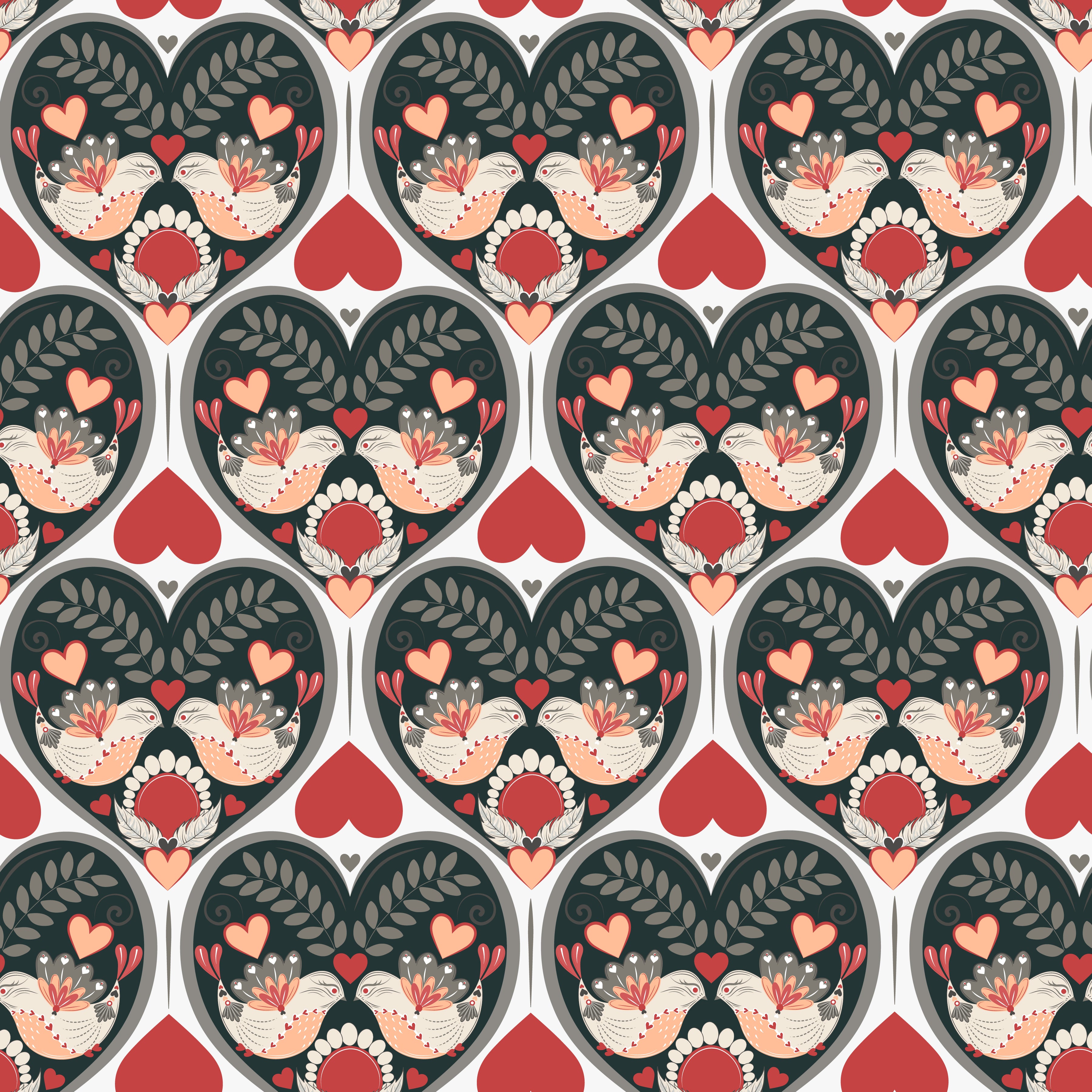 A room with 'Love in Bloom' wallpaper featuring a floral and heart pattern in colors green, orange, red, and yellow, behind a white upholstered chair with a pillow.